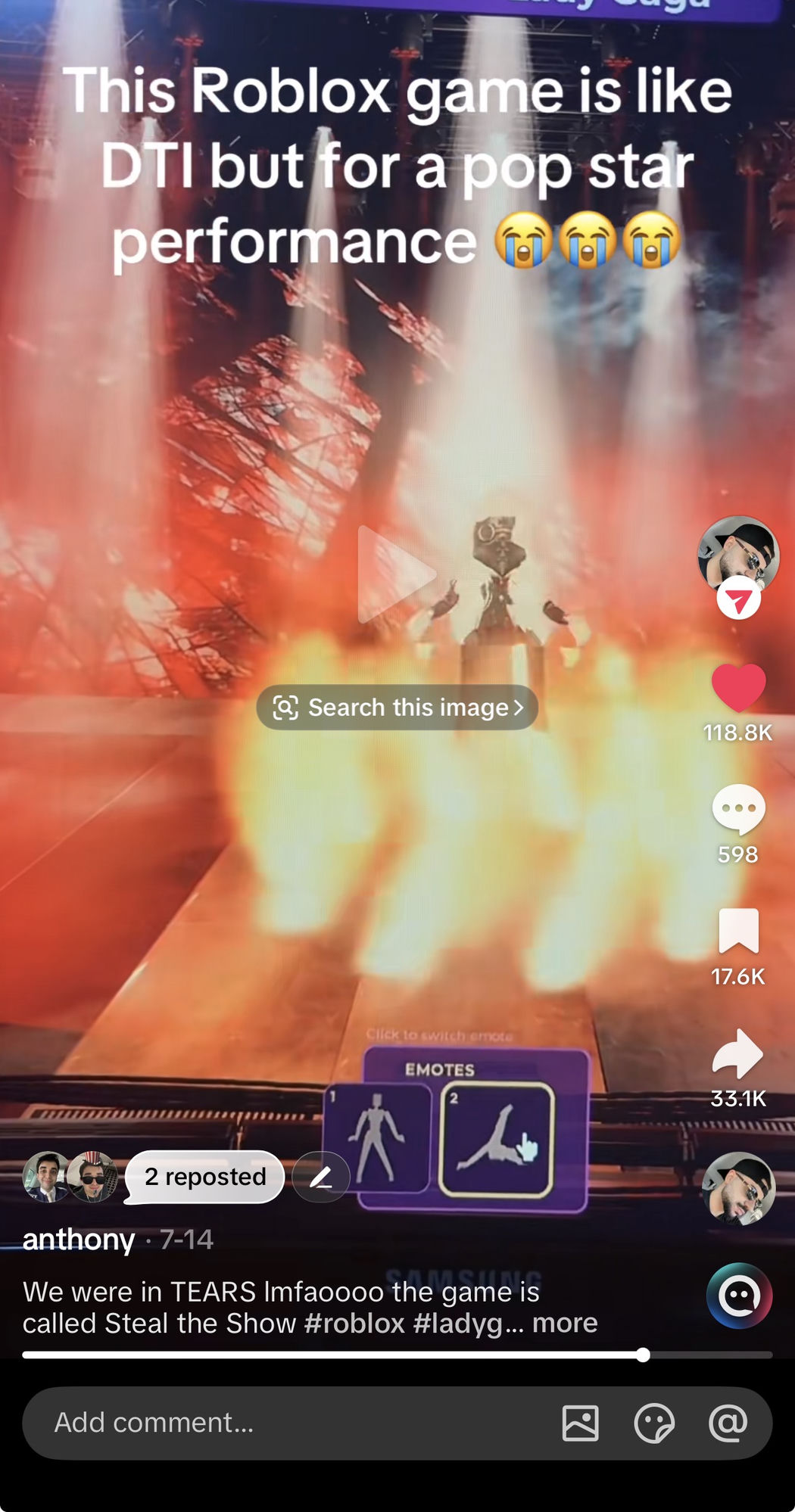 A Steal the Show pop-star performance on a fiery stage — “This Roblox game is like DTI but for a pop star performance” — 118.8K likes on TikTok